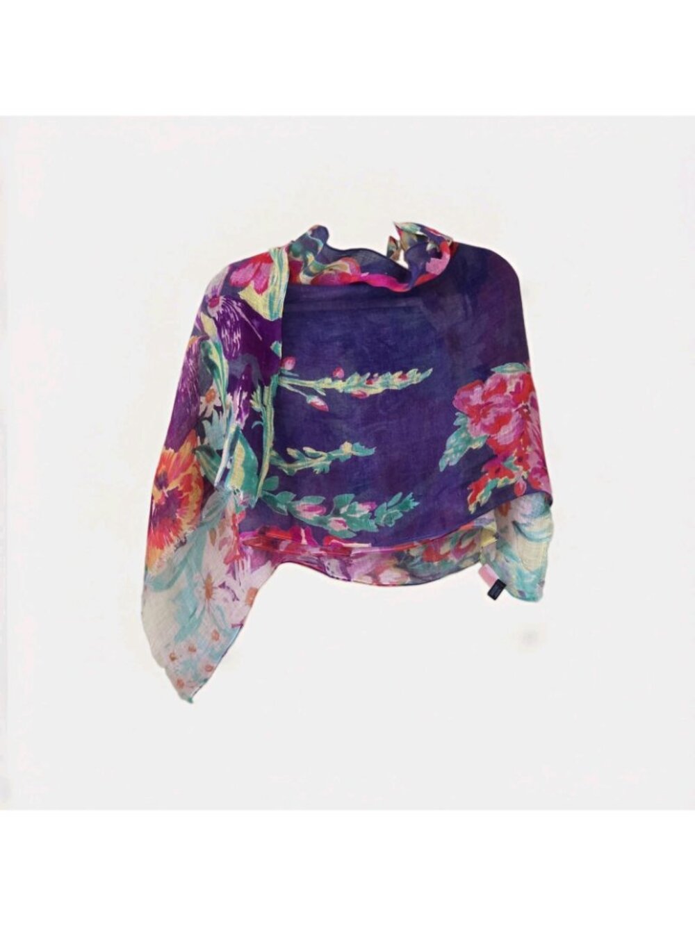 Powder UK 100% Linen Floral Scarf Wrap Purple Pink Watercolor Botanical Fringe - Picture 2 of 14